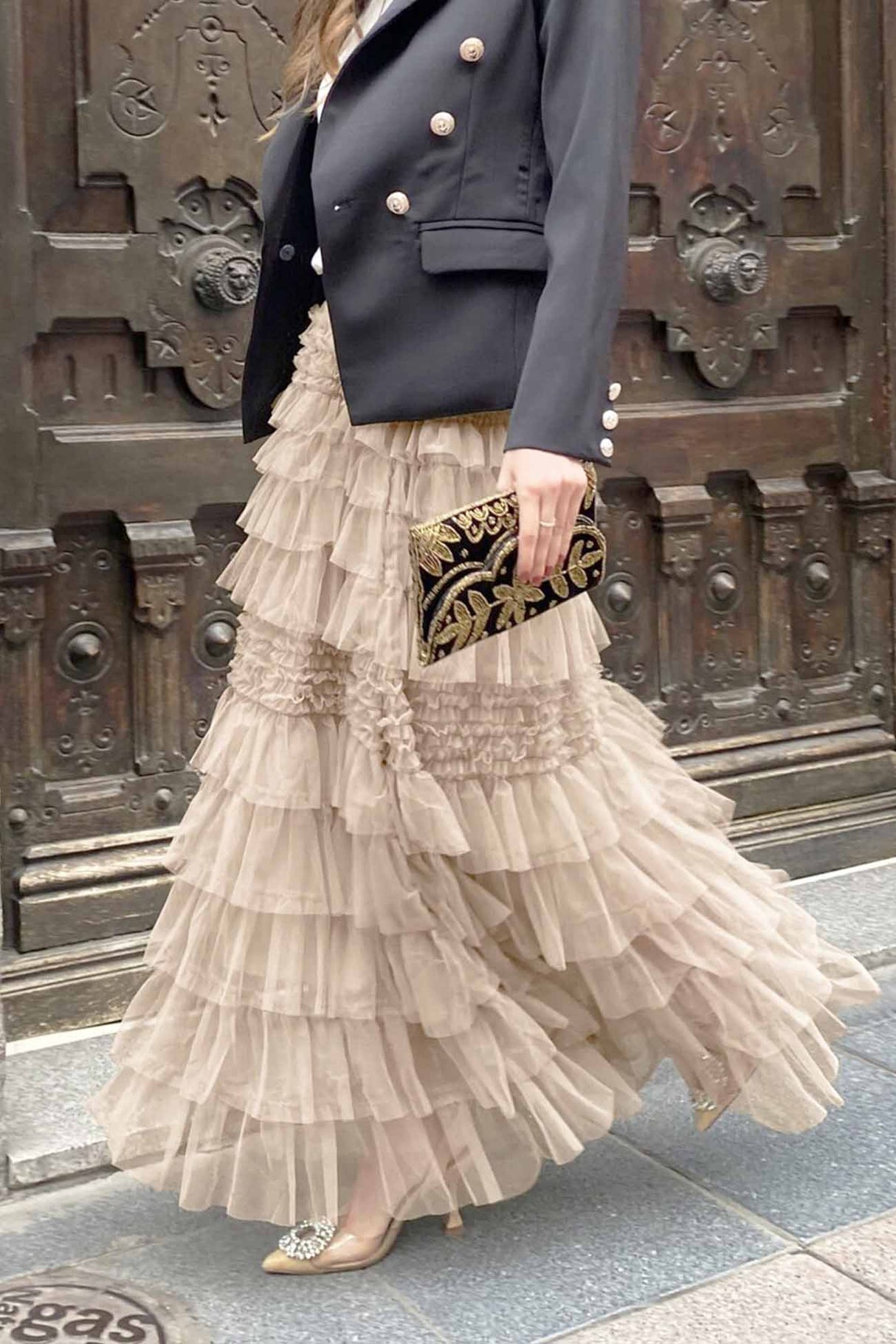 Patchwork Mesh Shirring Tiered Skirt