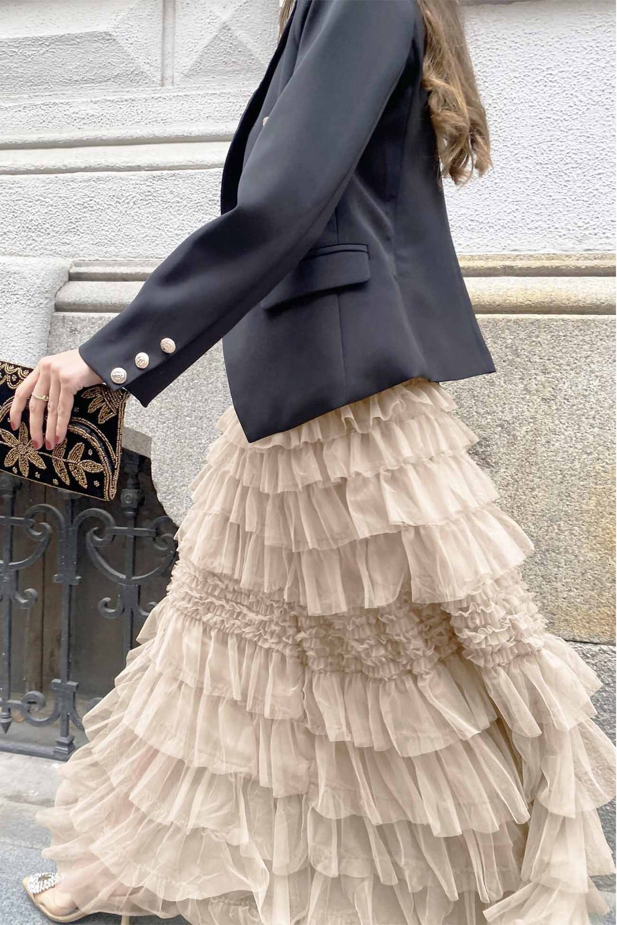 Patchwork Mesh Shirring Tiered Skirt