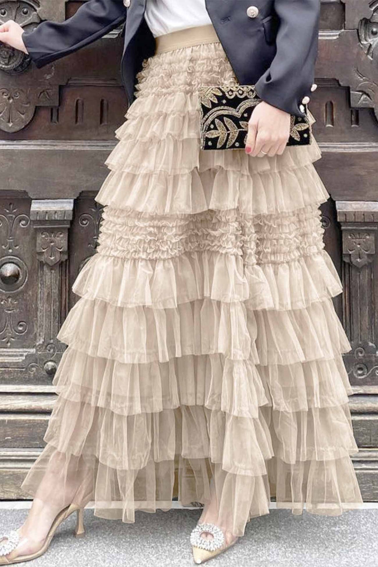 Patchwork Mesh Shirring Tiered Skirt