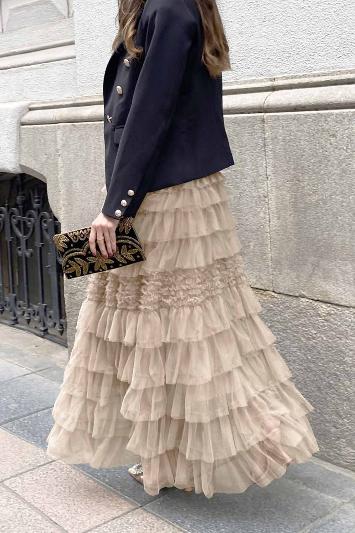 Patchwork Mesh Shirring Tiered Skirt