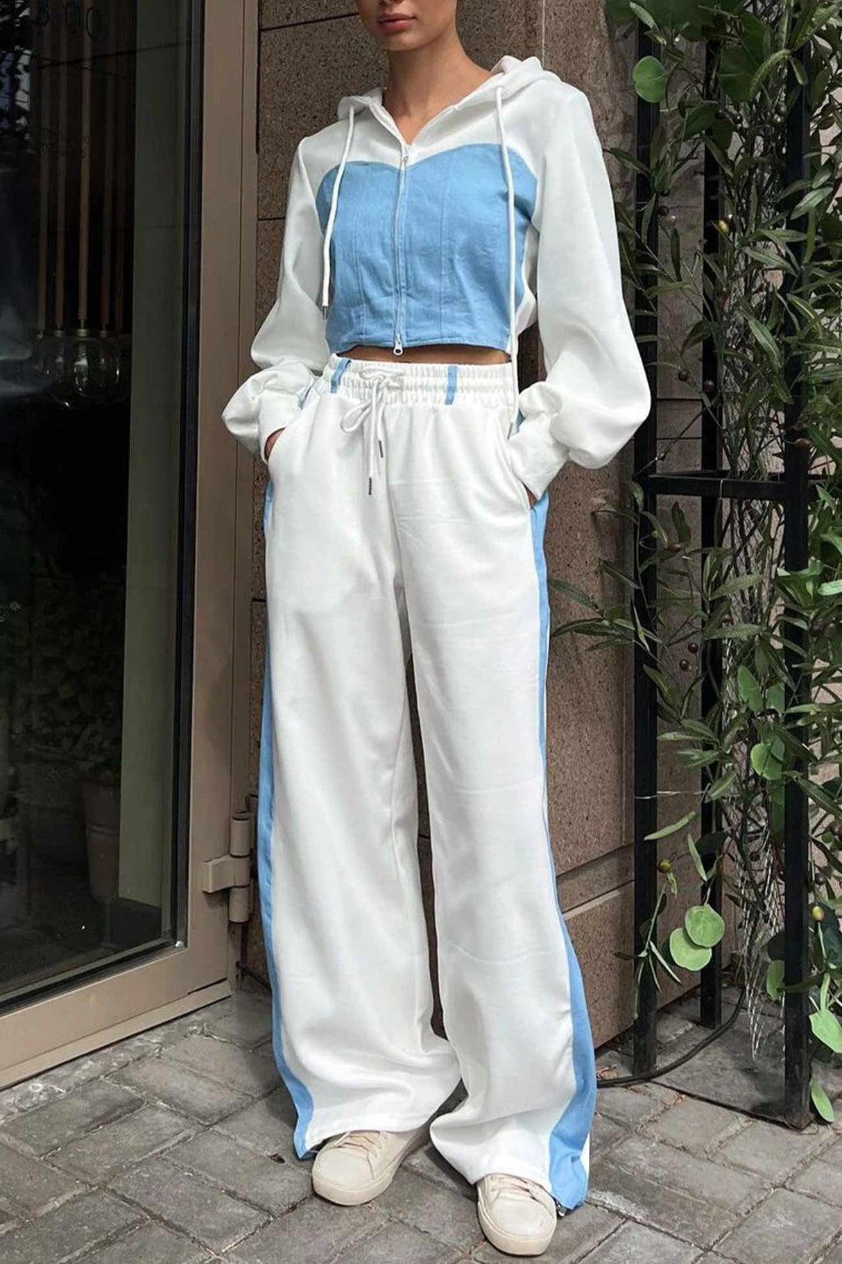 Patchwork Hooded Zipper Crop Top Pants Set