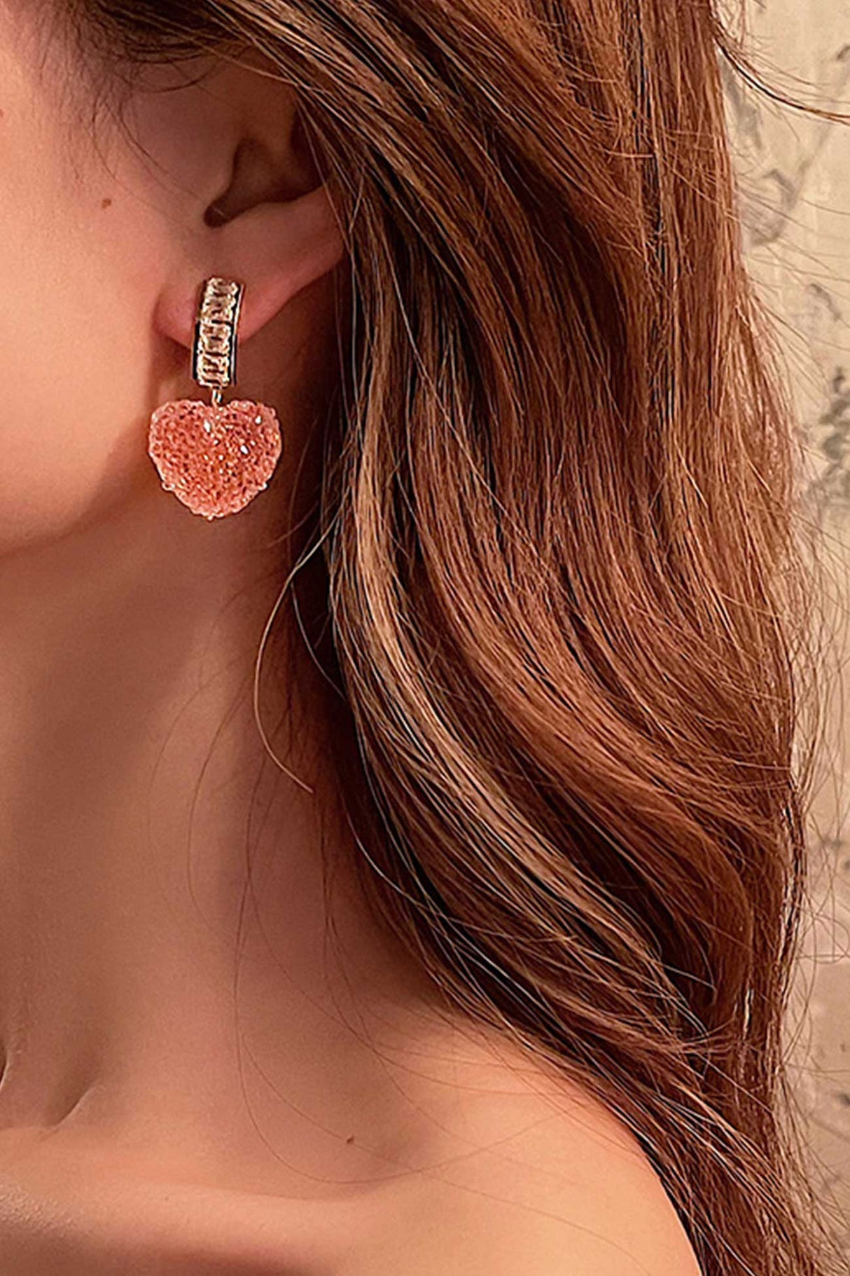 Peach Heart Rhinestone Earrings