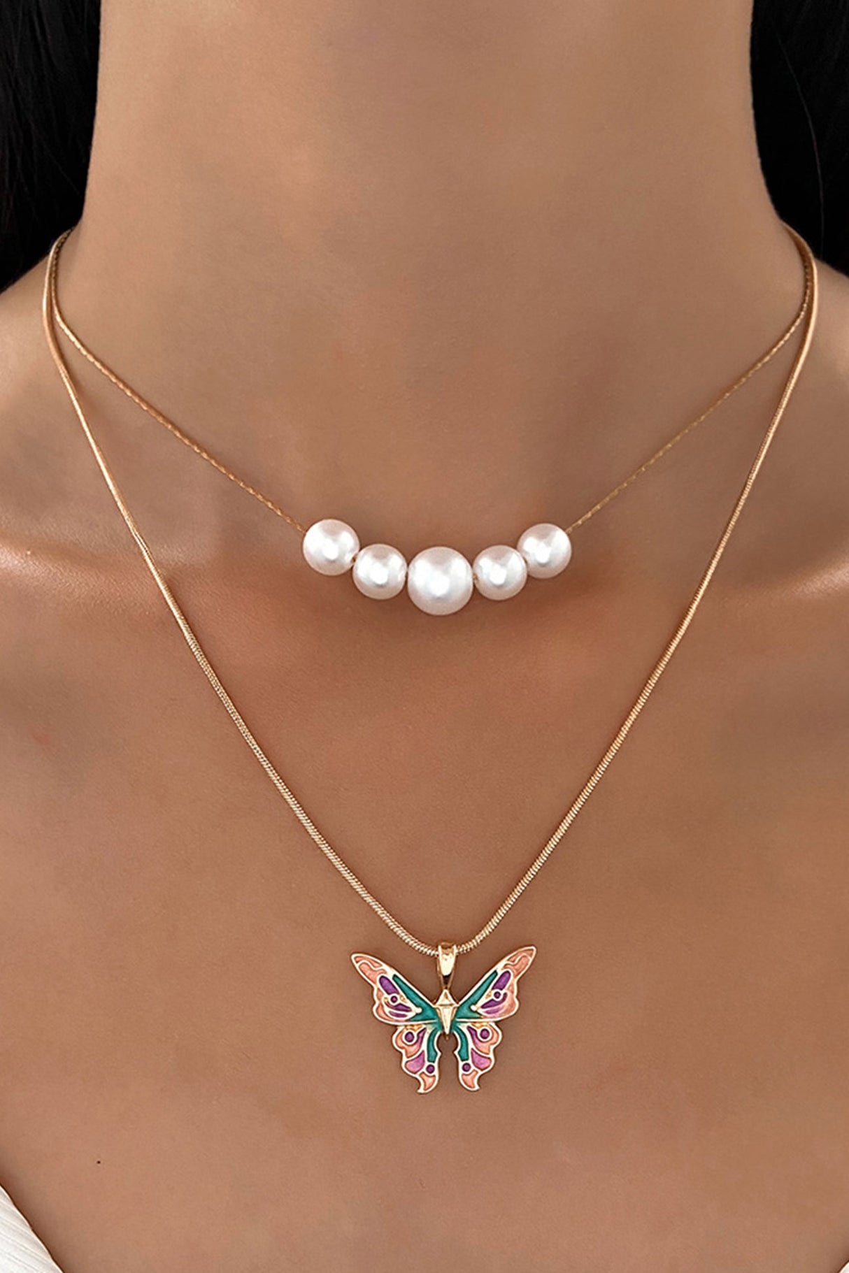 Pearl Butterfly Double Layer Necklace