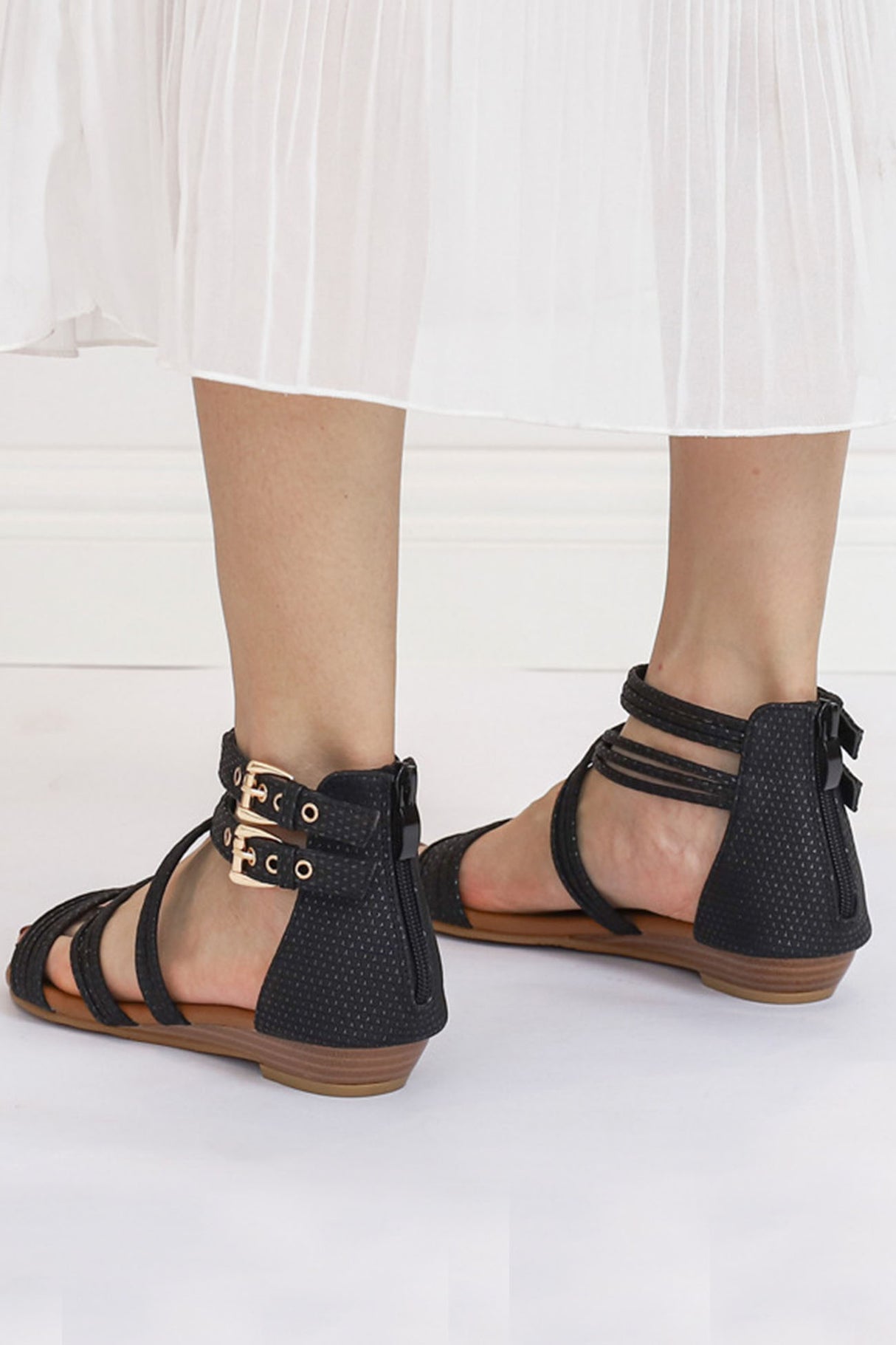 Peep Toe Ankle Strap Zipper Buckle Sandals