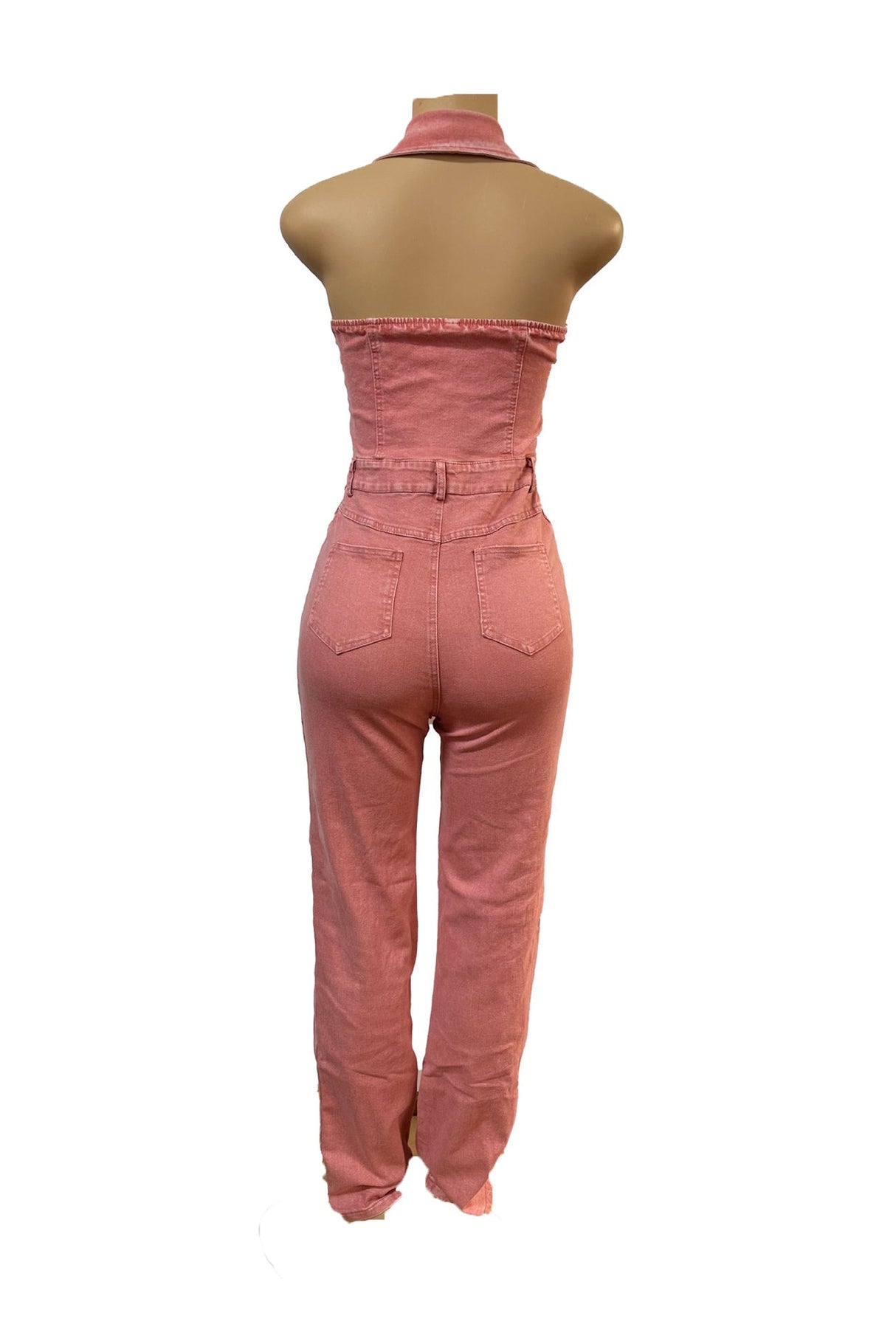 Arolora pink-denim-backless-jumpsuits