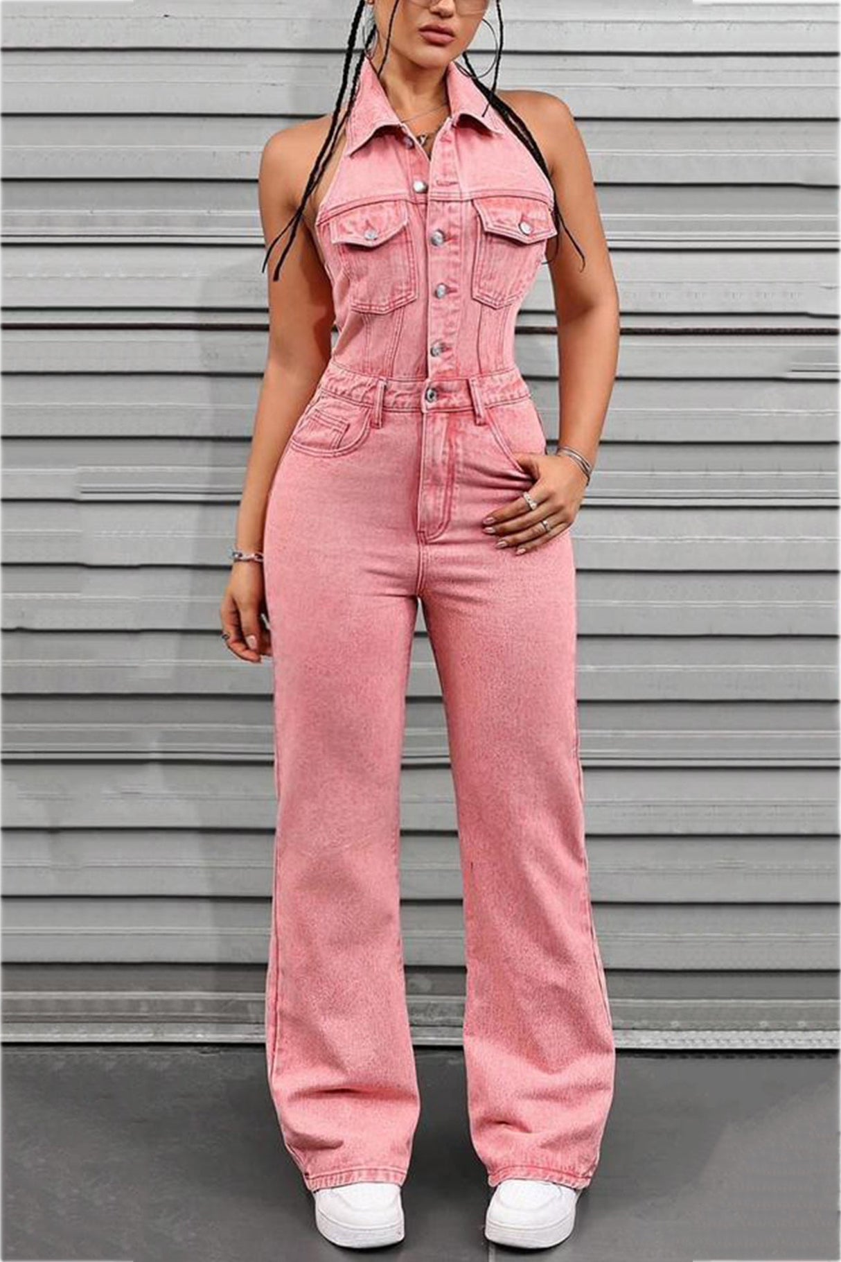 Arolora pink-denim-backless-jumpsuits
