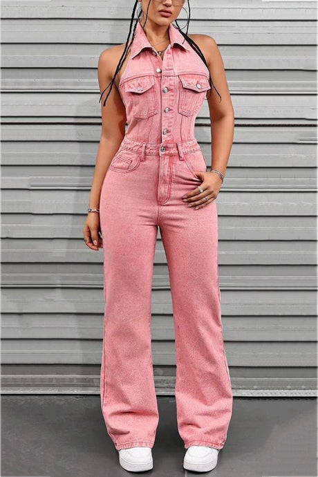 Arolora pink-denim-backless-jumpsuits