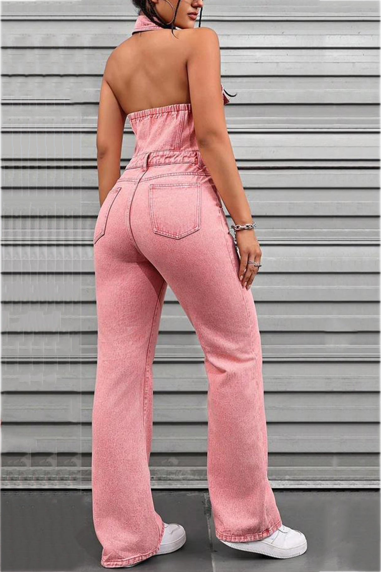 Arolora pink-denim-backless-jumpsuits