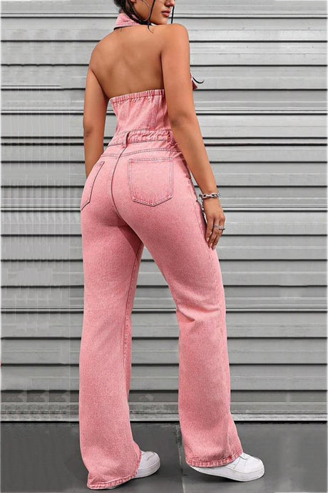 Arolora pink-denim-backless-jumpsuits
