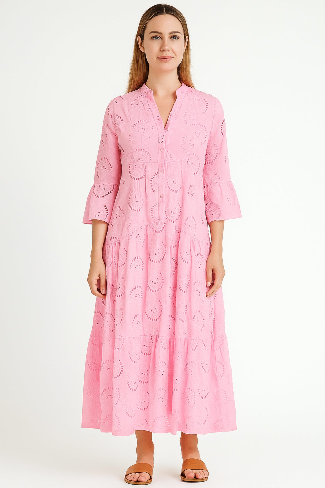 V Neck Flares Sleeve Embroidery Cotton Dress