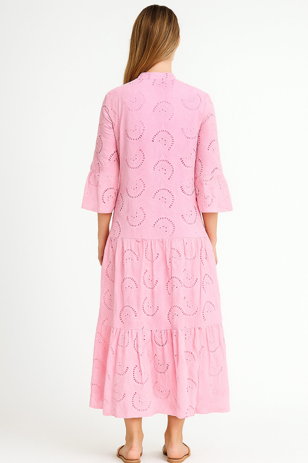 V Neck Flares Sleeve Embroidery Cotton Dress