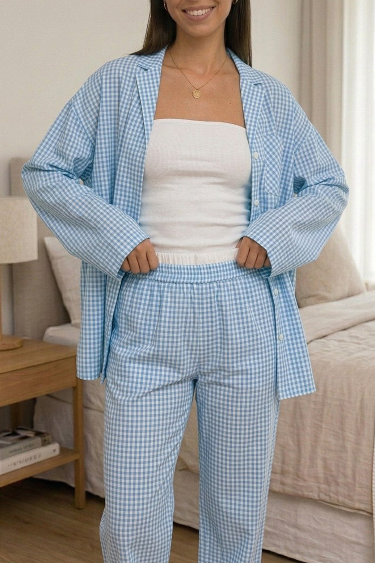 Plaid Blouse Cotton Two-piece Outfit