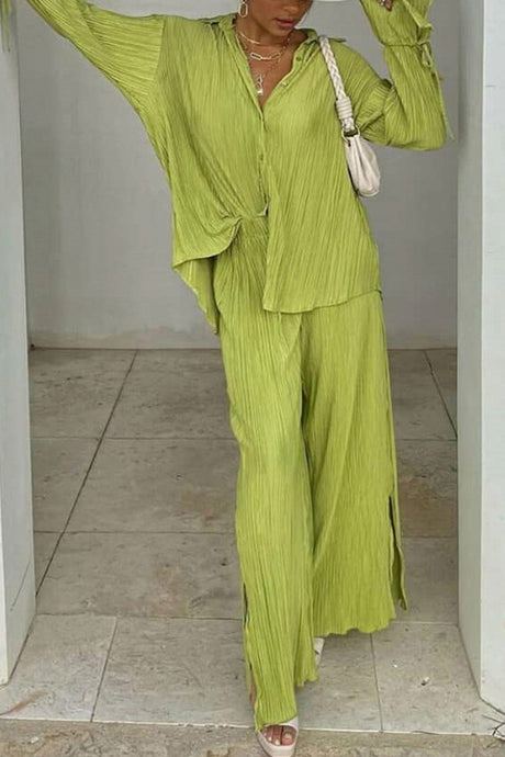 Arolora pleated-blouse-slit-long-pants-set
