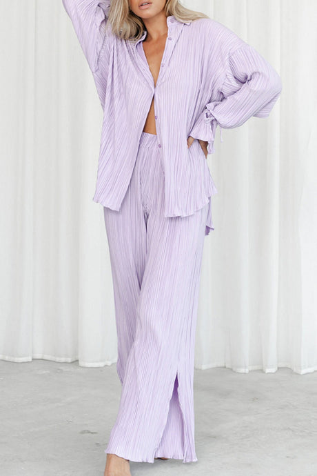 Arolora pleated-blouse-slit-long-pants-set
