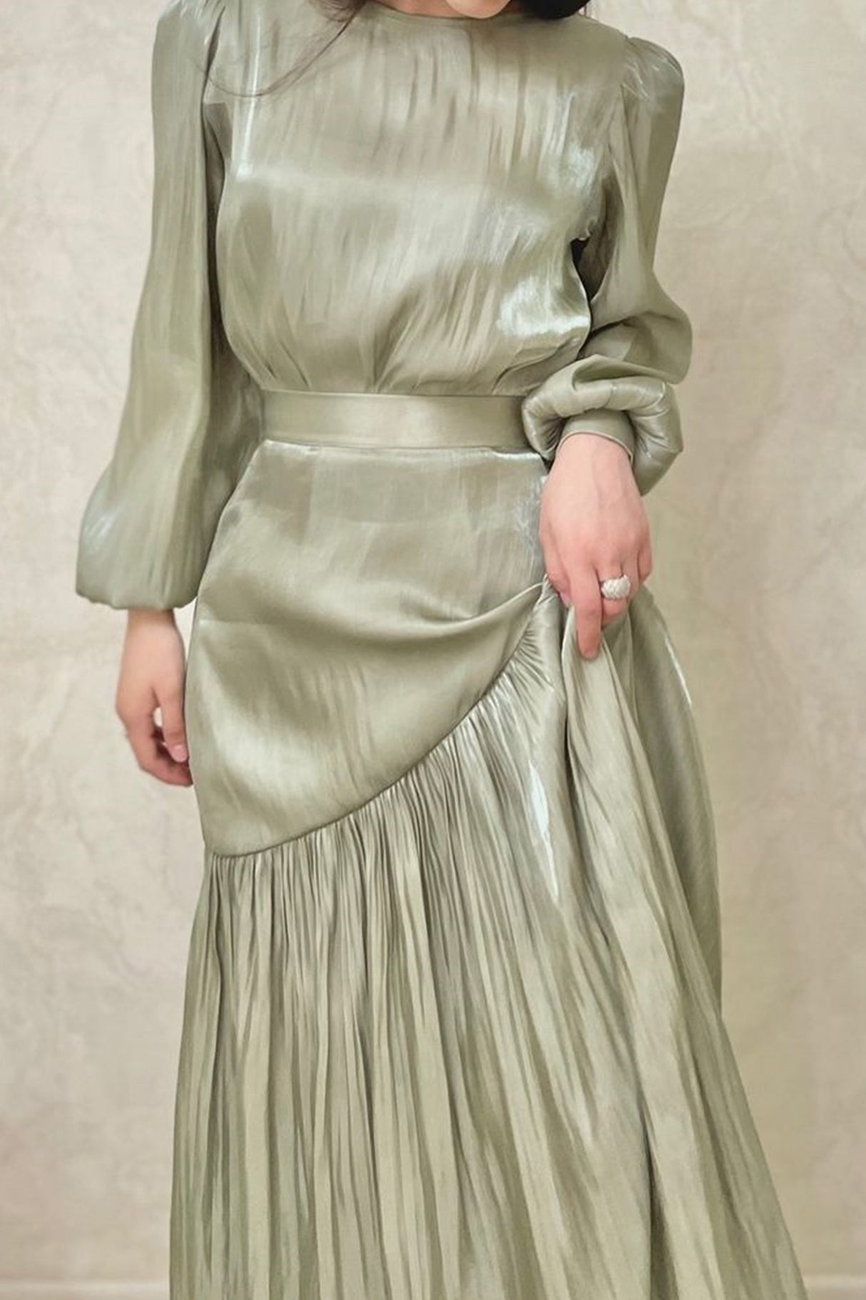 Pleated Tie Waist Long Sleeve Maxi Dress