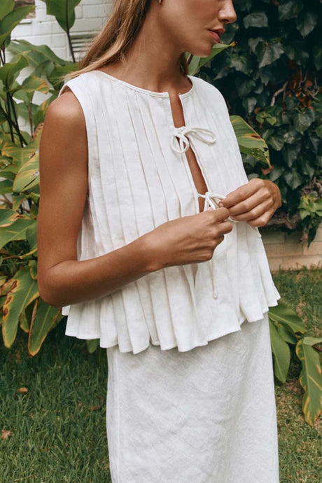Pleated Tie-up Cotton Linen Tank Top
