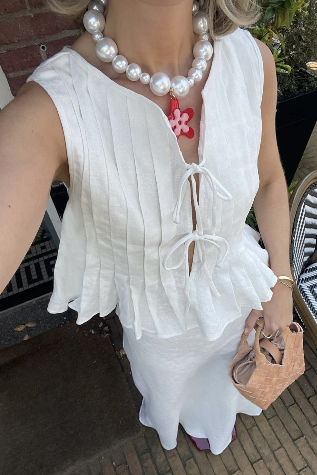 Pleated Tie-up Cotton Linen Tank Top