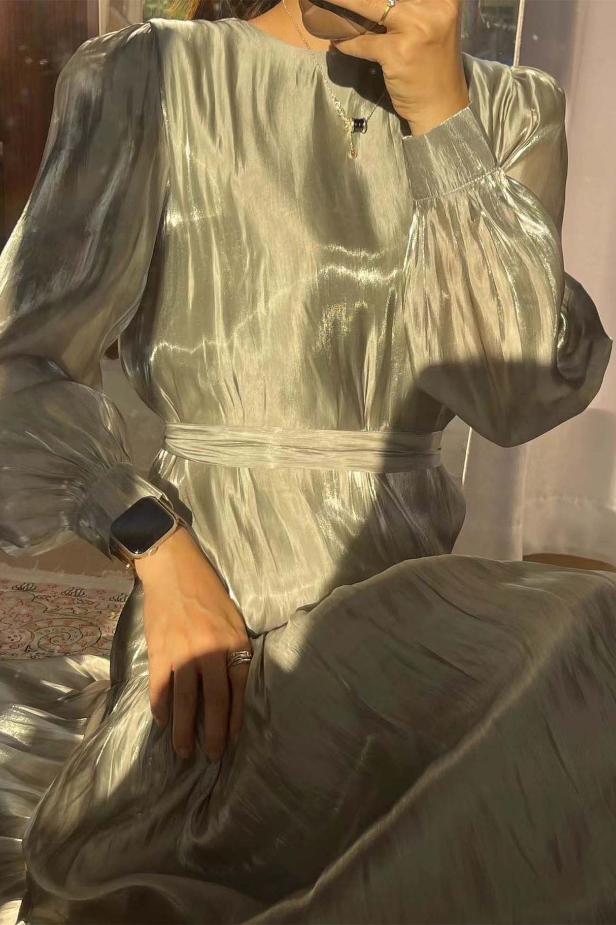 Arolora pleated-tie-waist-long-sleeve-maxi-dress