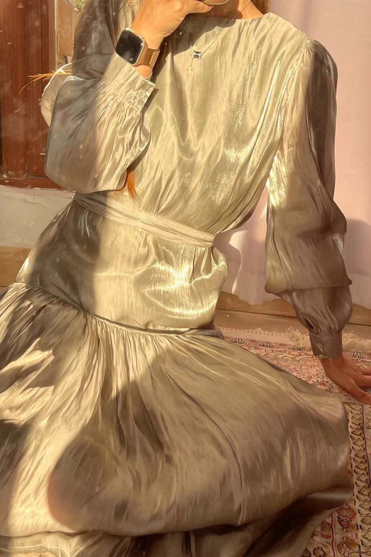 Arolora pleated-tie-waist-long-sleeve-maxi-dress