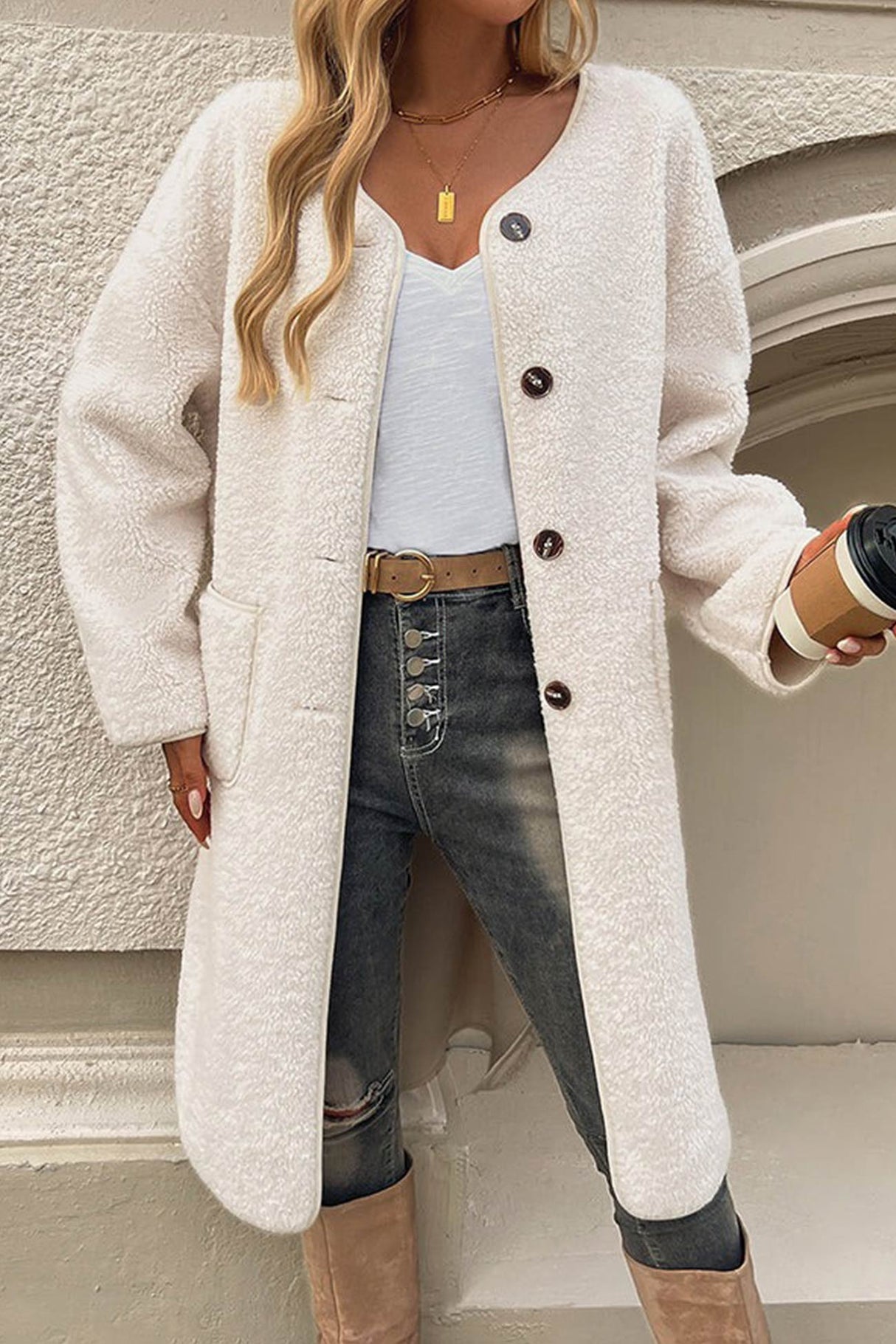 Plush Single-breasted Slit Cardigan