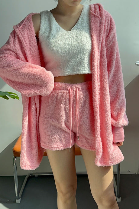 Plush Open-Front Hoodie Vest Three Piece Shorts Set
