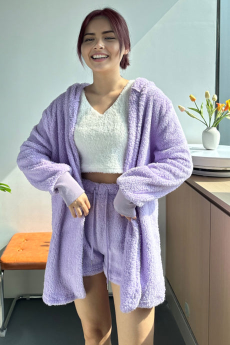 Plush Open-Front Hoodie Vest Three Piece Shorts Set