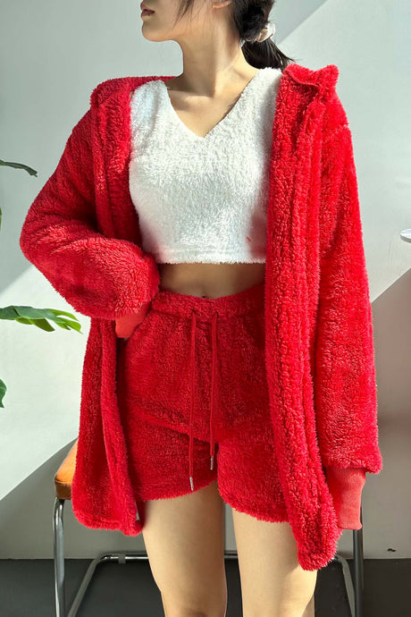 Plush Open-Front Hoodie Vest Three Piece Shorts Set