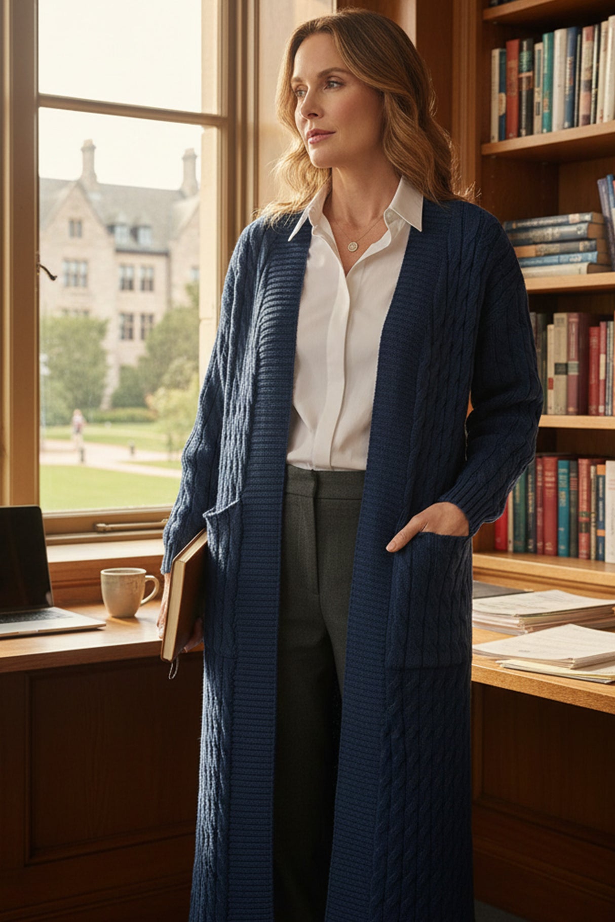 Pocketed Cable Knit Long Cardigan