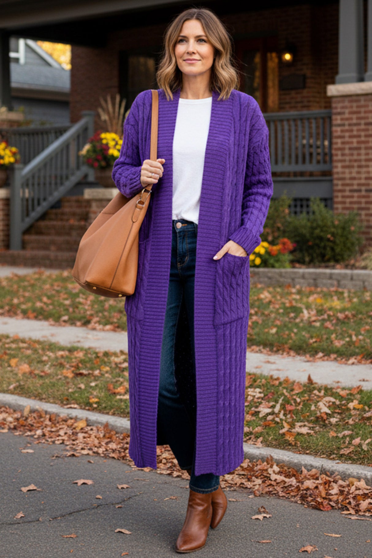 Pocketed Cable Knit Long Cardigan