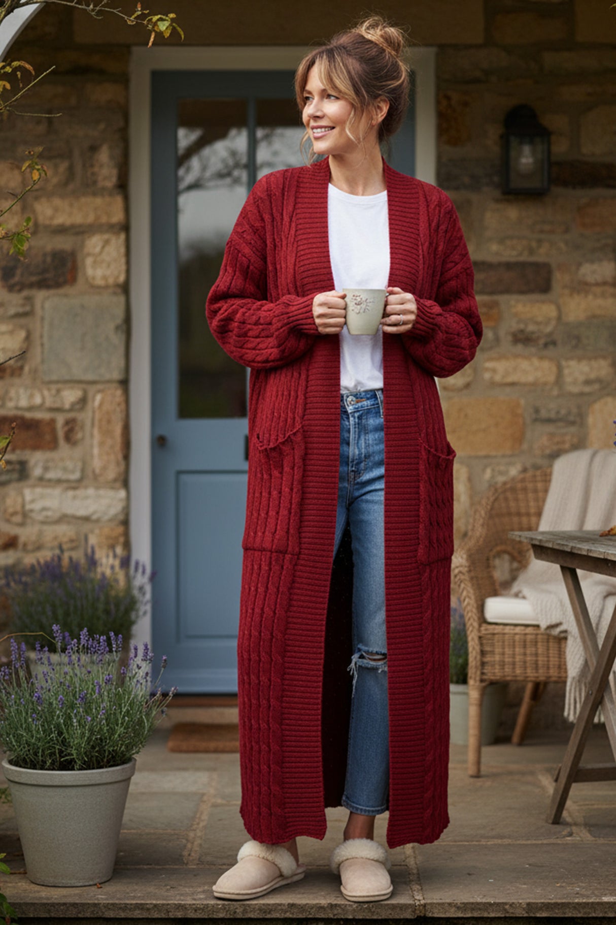 Pocketed Cable Knit Long Cardigan