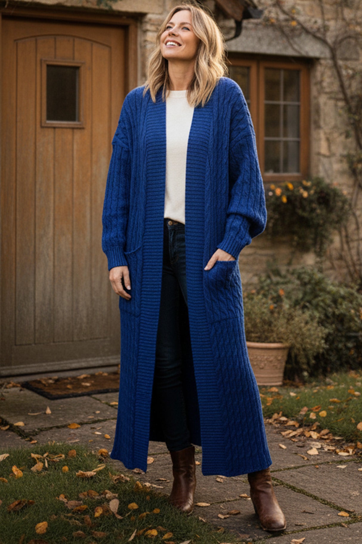 Pocketed Cable Knit Long Cardigan