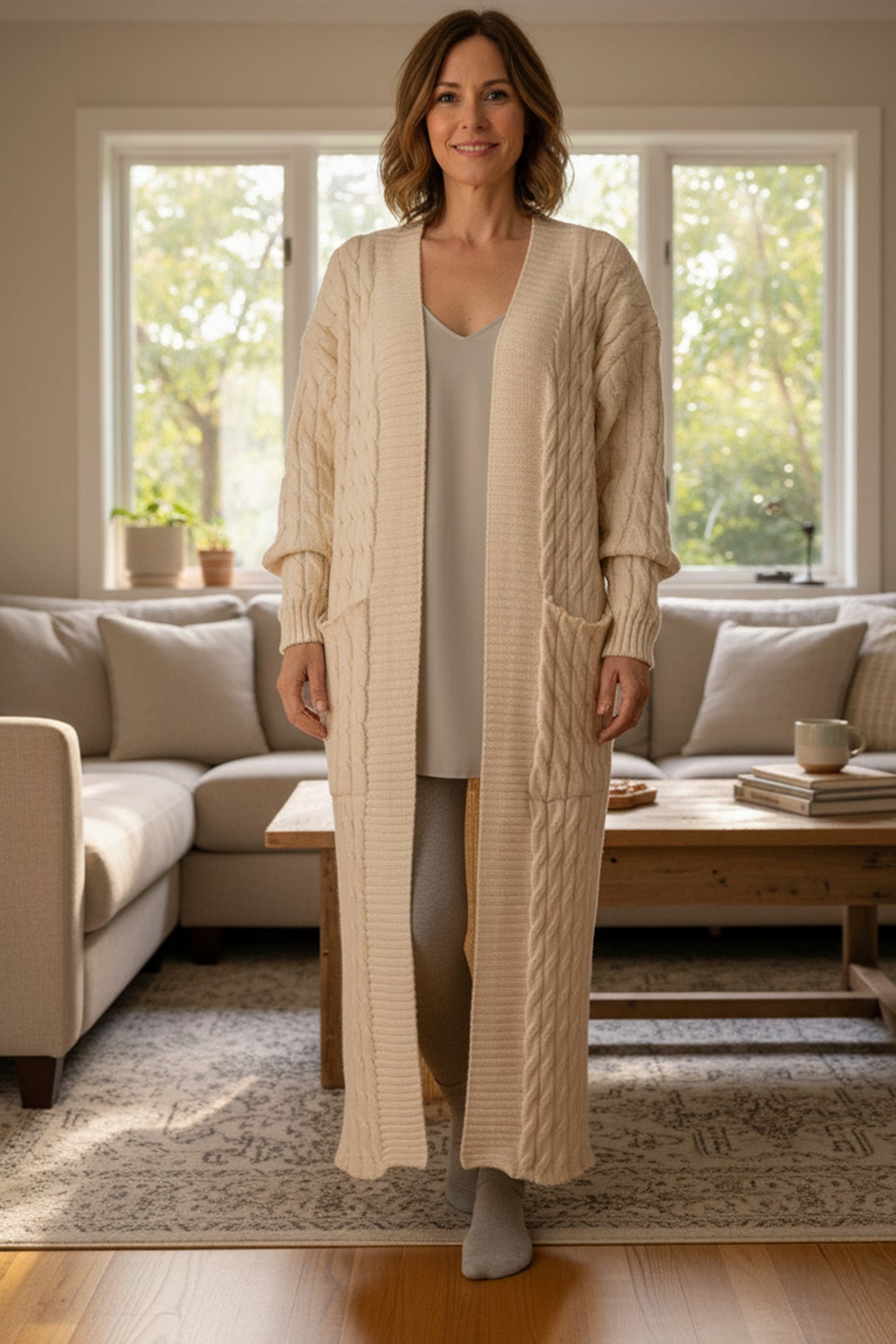 Pocketed Cable Knit Long Cardigan