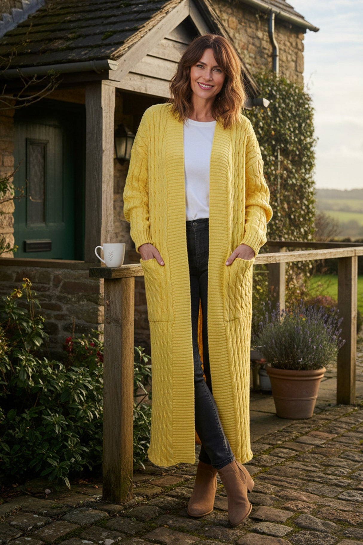 Pocketed Cable Knit Long Cardigan