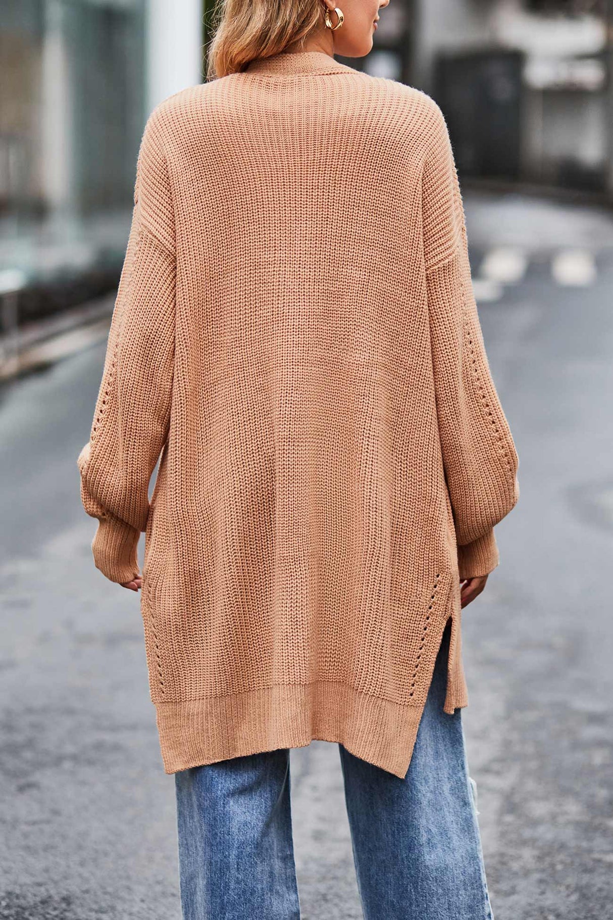 Pocketed Open Front Slit Hem Long Cardigan