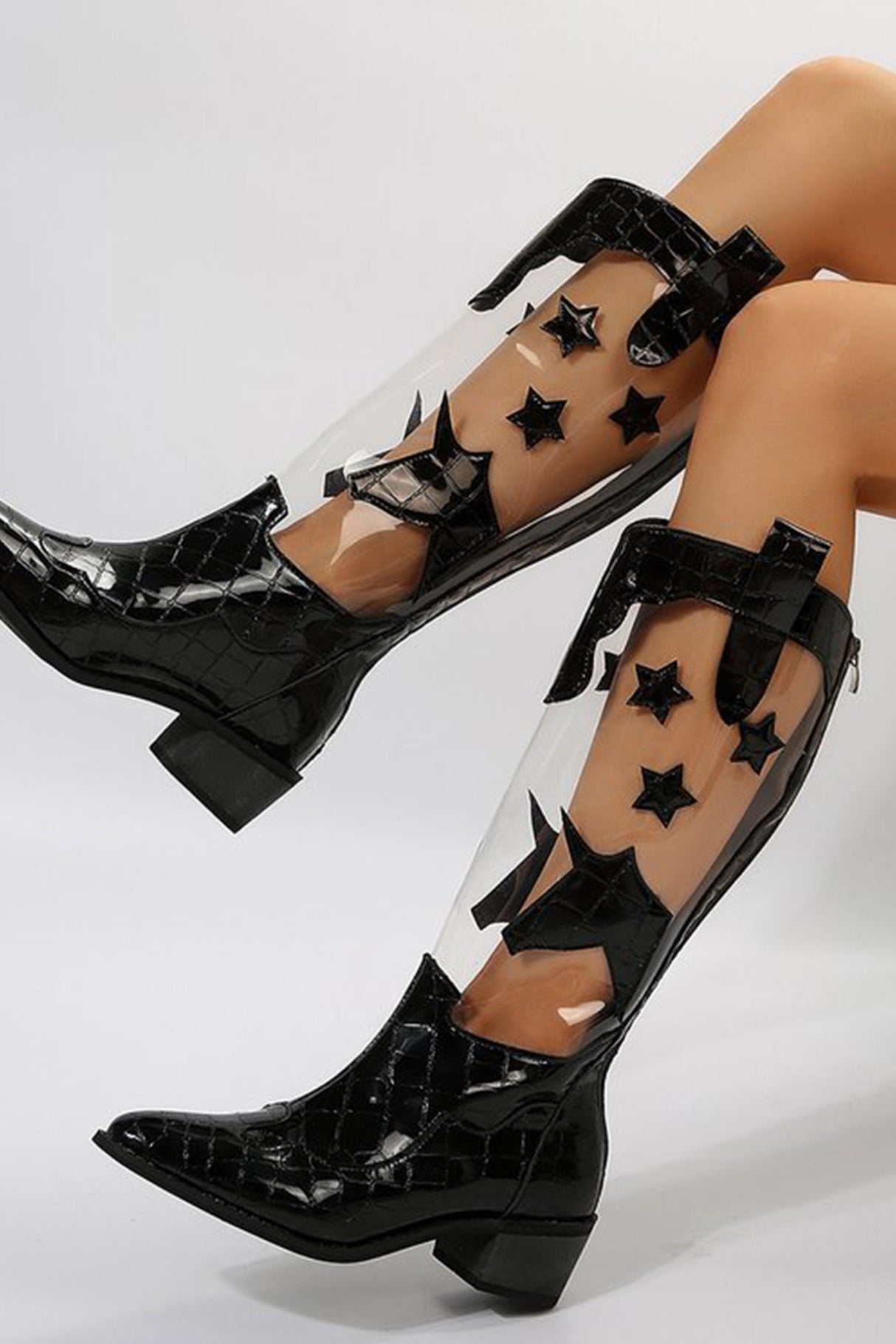 Pointed Toe Stitching Star Graphic Chunky Heel Boots
