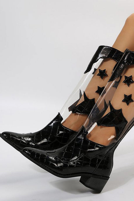 Pointed Toe Stitching Star Graphic Chunky Heel Boots