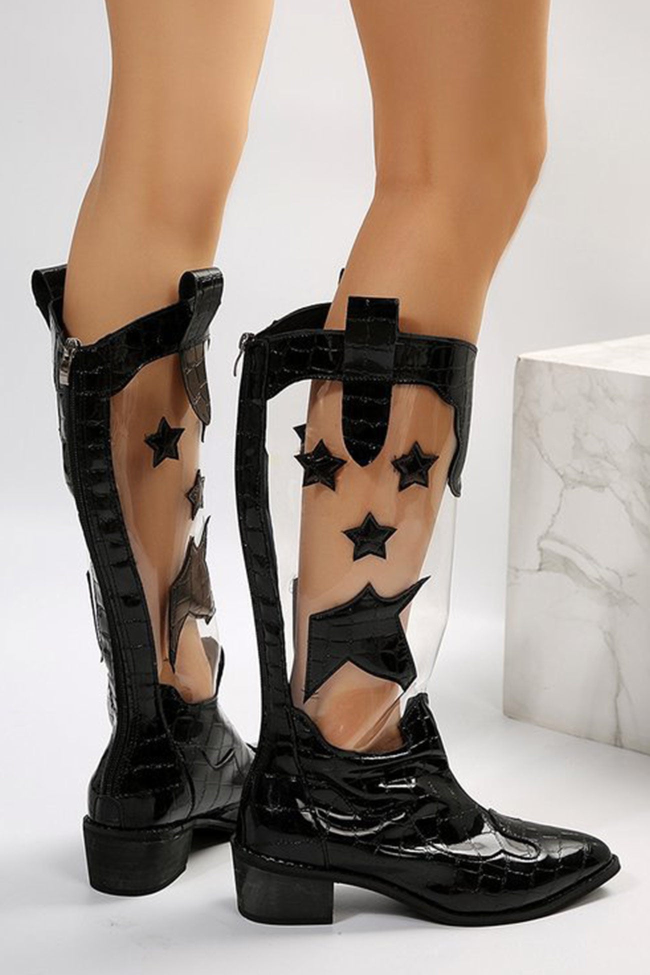 Pointed Toe Stitching Star Graphic Chunky Heel Boots