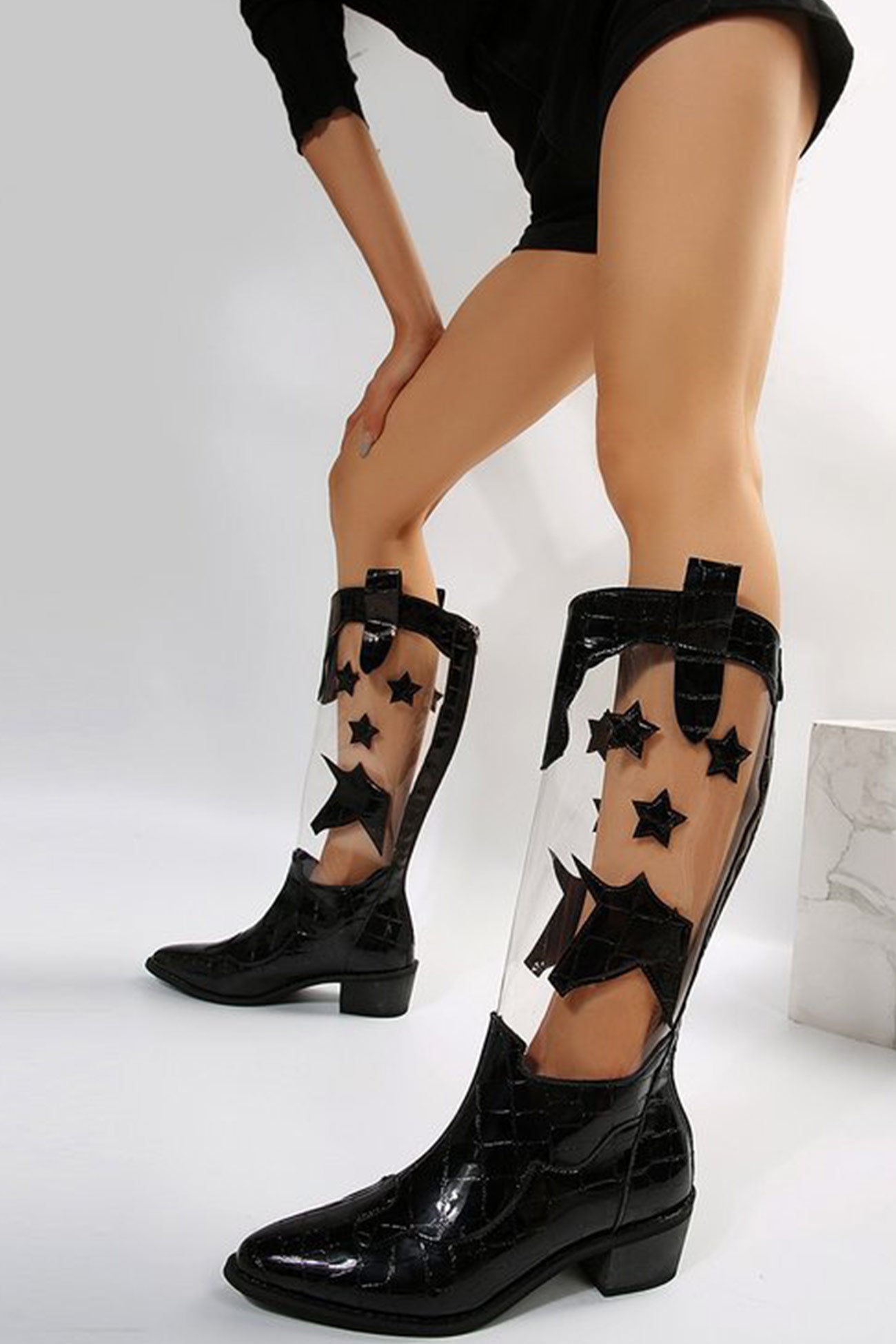 Pointed Toe Stitching Star Graphic Chunky Heel Boots