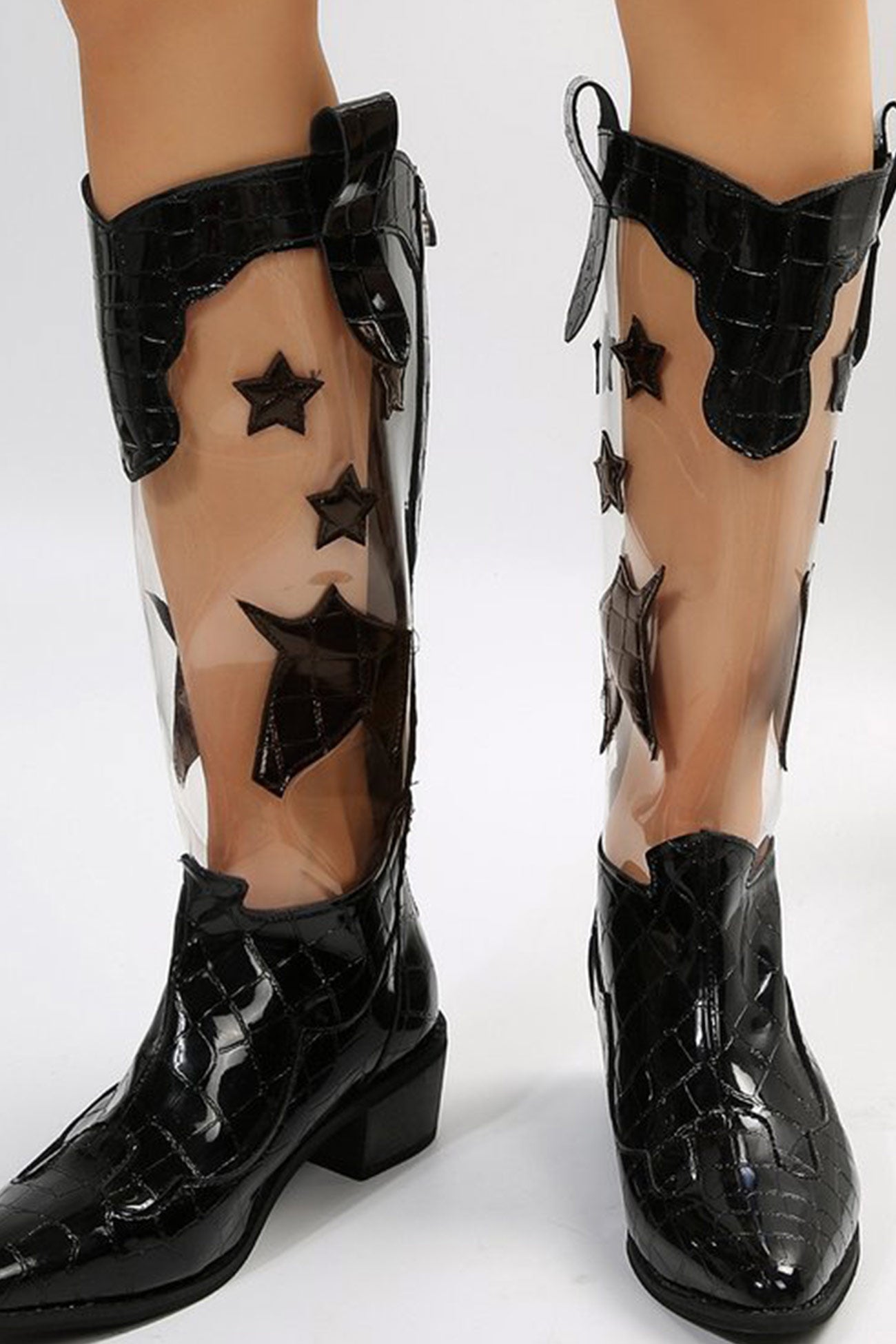 Pointed Toe Stitching Star Graphic Chunky Heel Boots