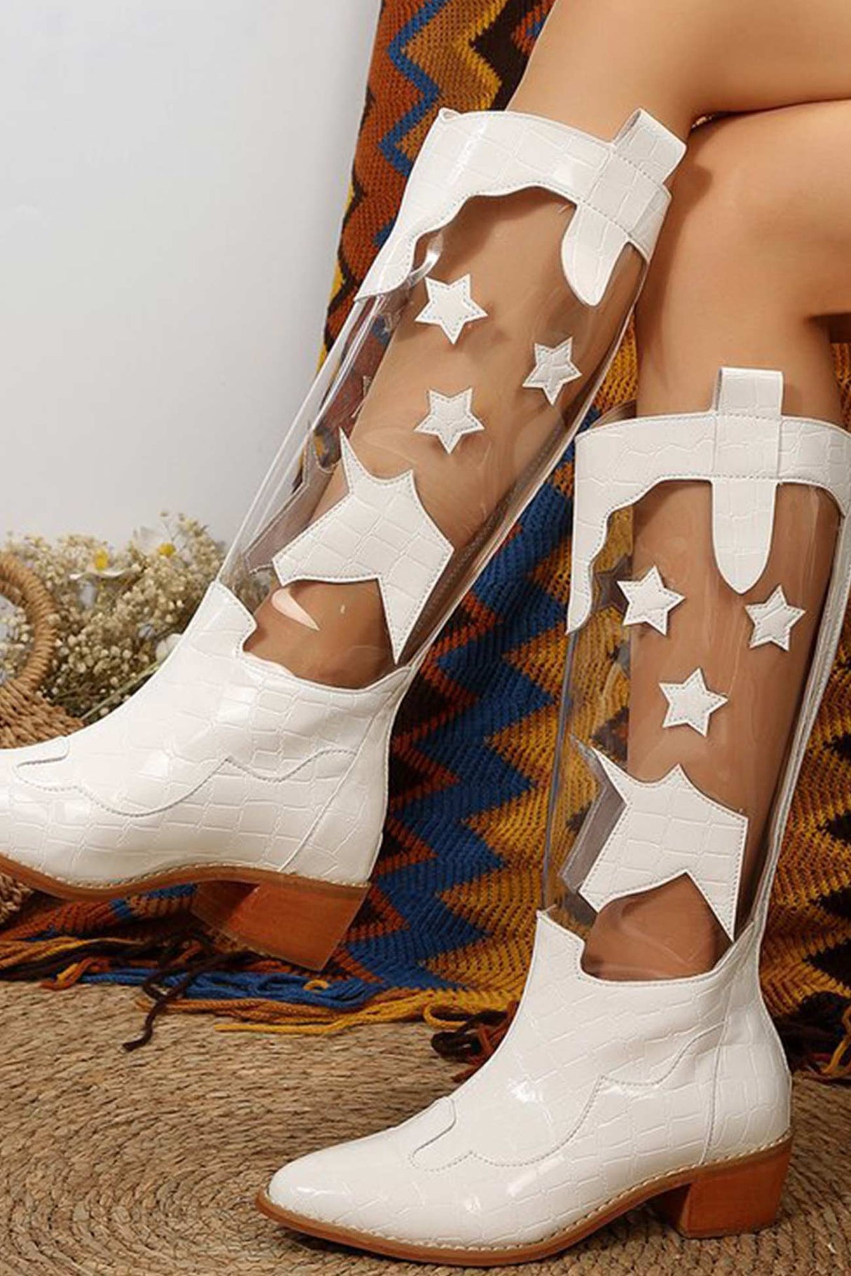 Pointed Toe Stitching Star Graphic Chunky Heel Boots