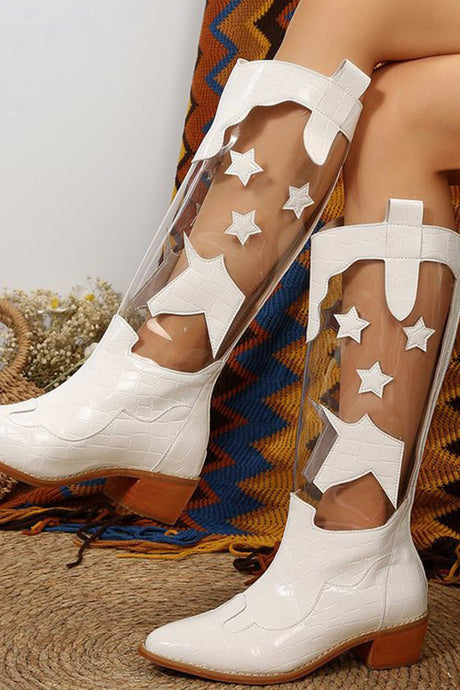 Pointed Toe Stitching Star Graphic Chunky Heel Boots