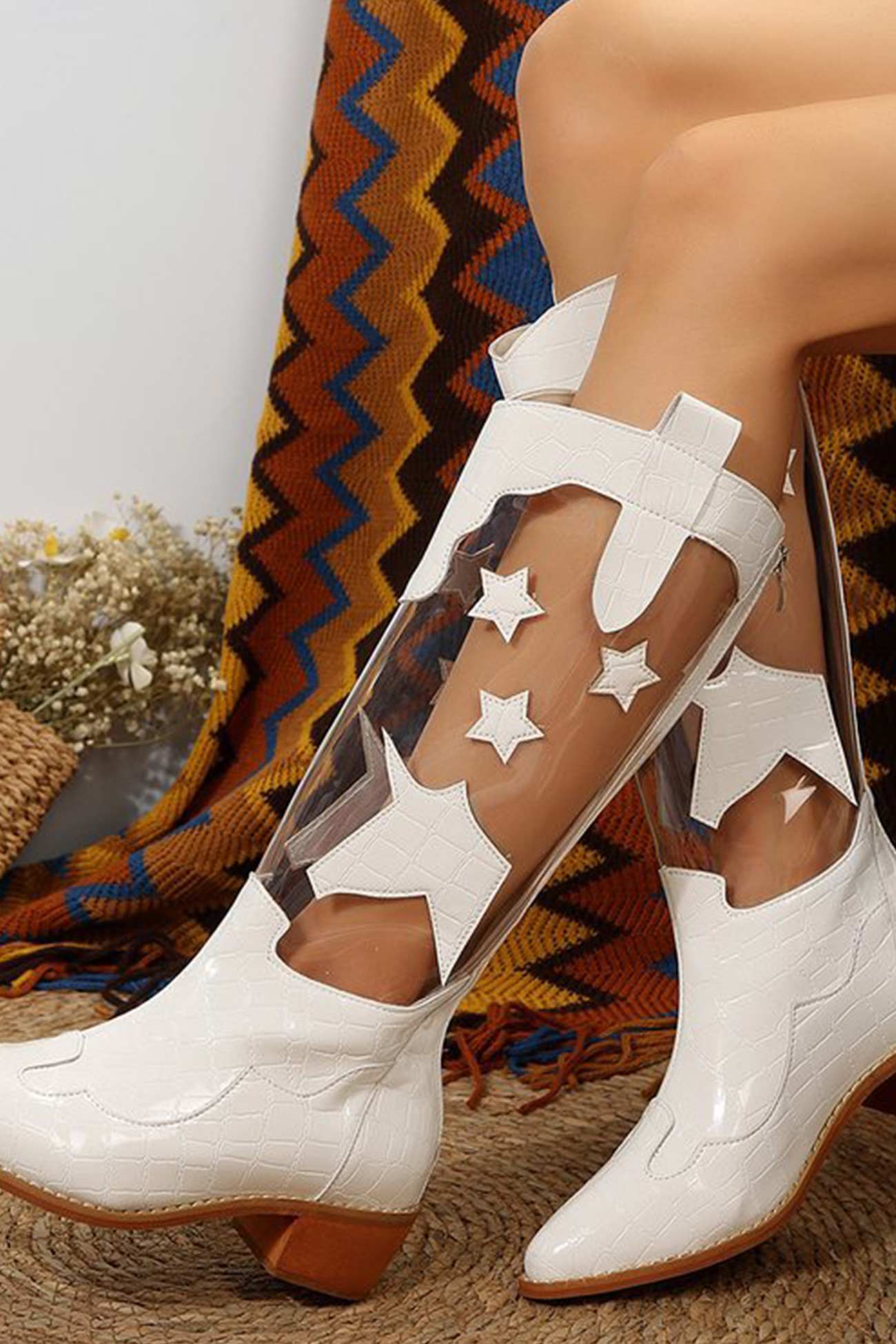 Pointed Toe Stitching Star Graphic Chunky Heel Boots