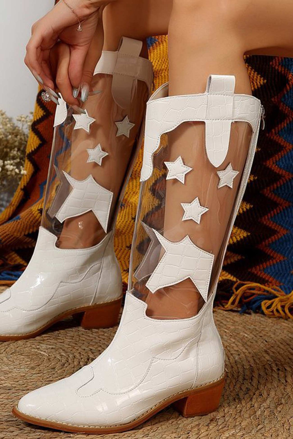 Pointed Toe Stitching Star Graphic Chunky Heel Boots