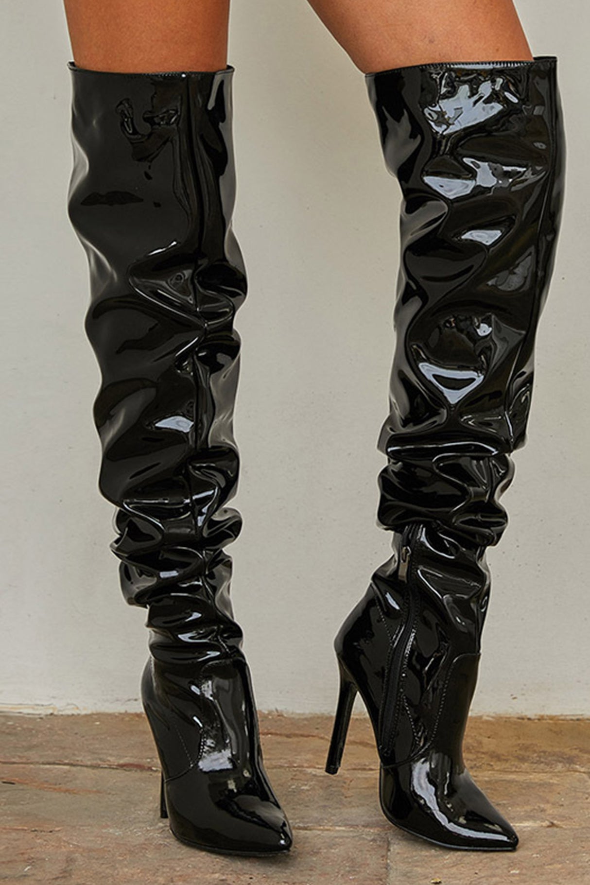 Pointed-toe Patent Leather High-heeled Boots