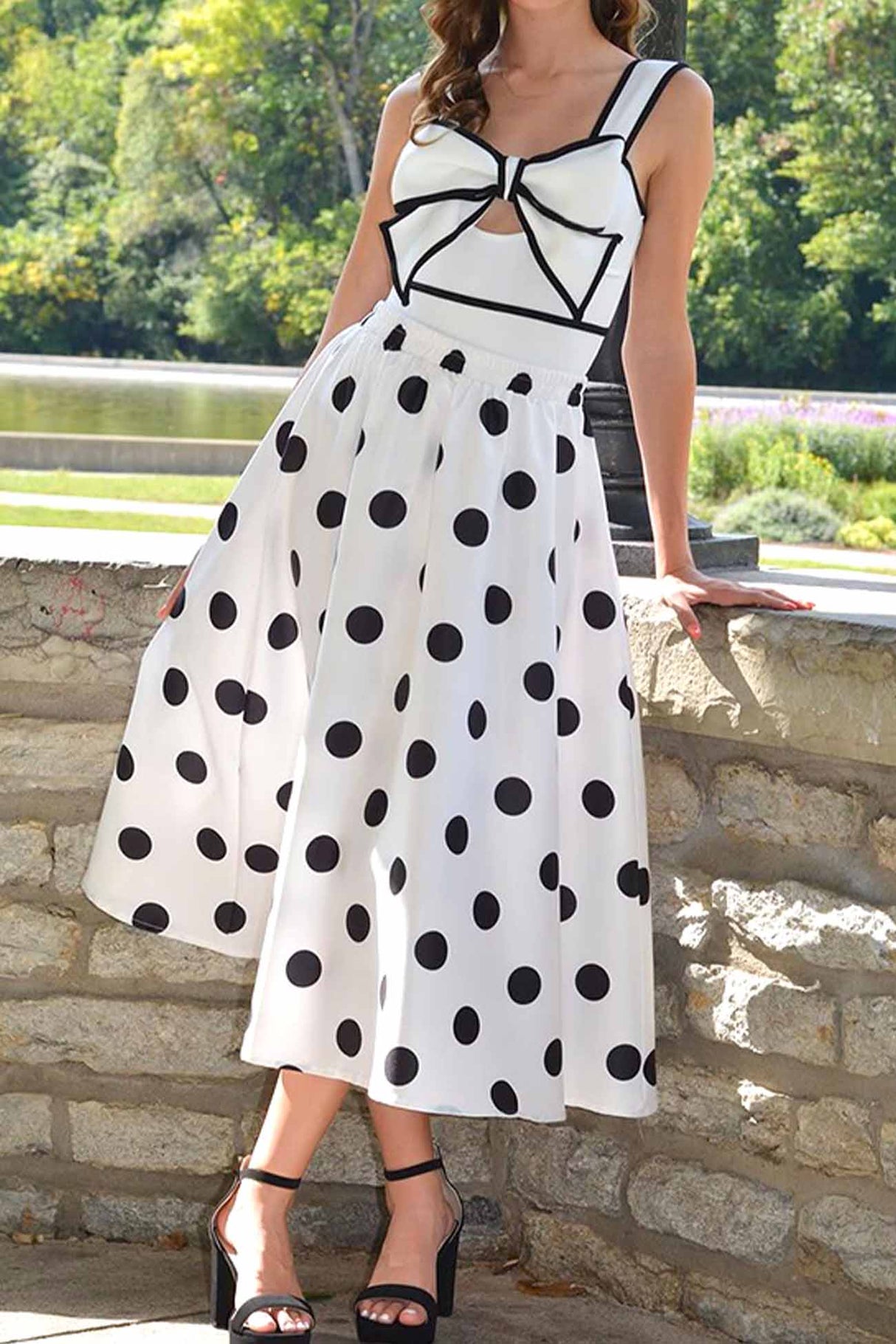 Polka Dot Bow One Piece Swimsuit With Skirt