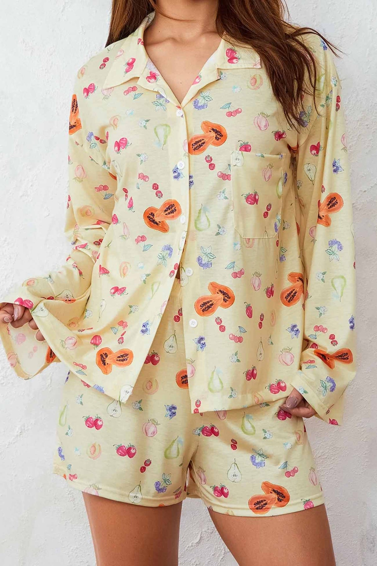 Printed Long Sleeves Button Shirt Shorts Set