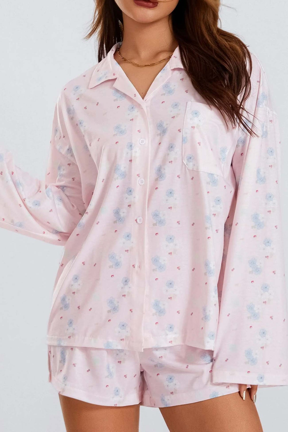 Printed Long Sleeves Button Shirt Shorts Set