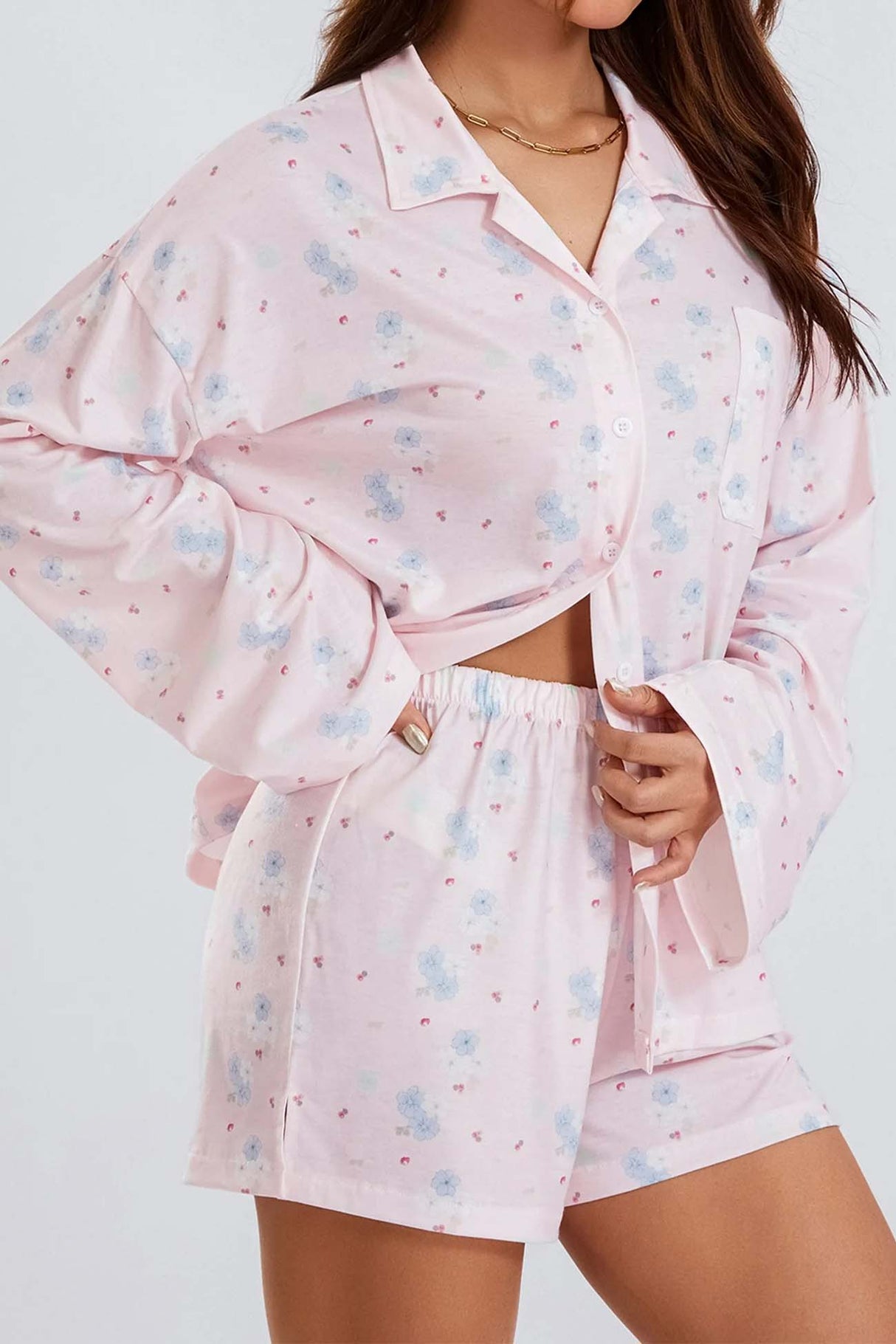 Printed Long Sleeves Button Shirt Shorts Set