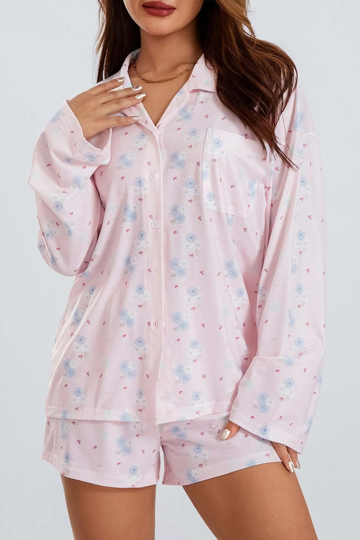 Printed Long Sleeves Button Shirt Shorts Set