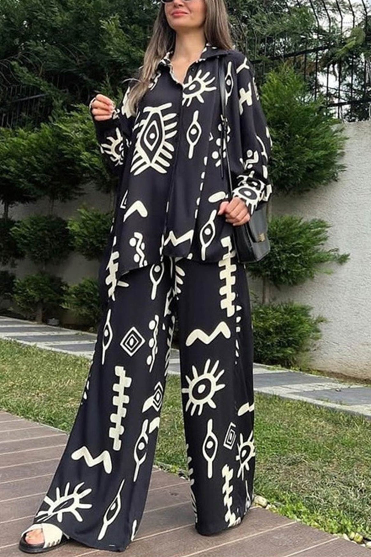 Arolora printed-bat-sleeve-loose-shirt-suits